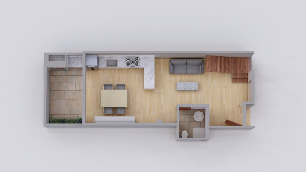 Plano renderizado de unidad en desarrollo inmobiliario en pozo